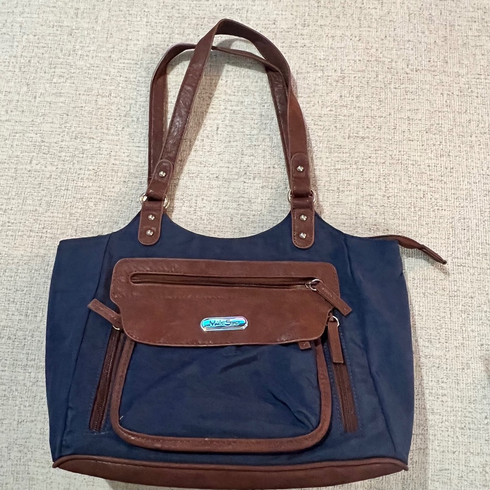 Multi Sac Navy Blue Leather‎ Trim Nylon Shoulder Bag Tote